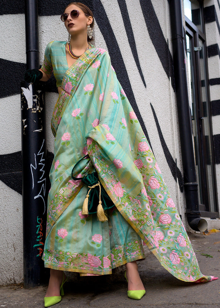 Light Green Floral Parsi Weaving Handloom Silk Saree