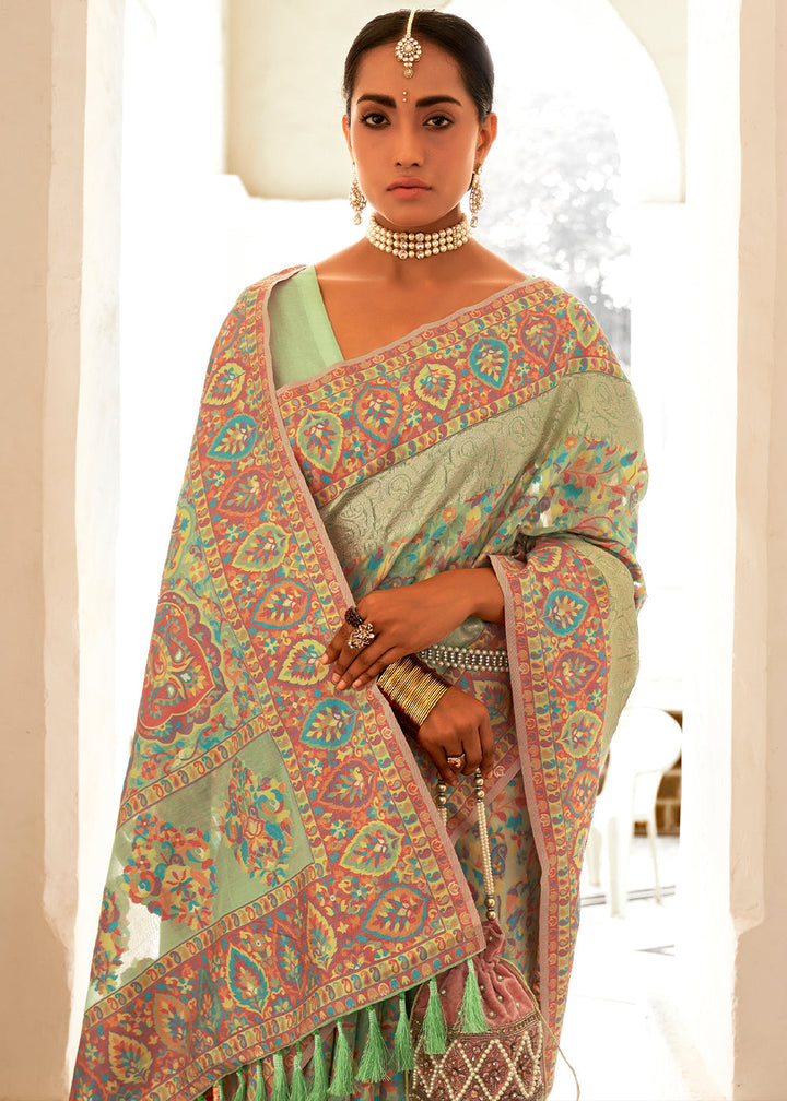 Pastel Green Banarasi Jamawar Kashmiri Woven Silk Saree