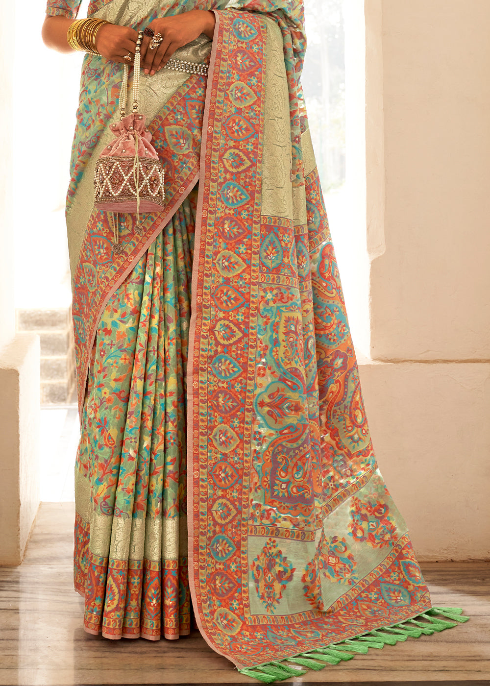 Pastel Green Banarasi Jamawar Kashmiri Woven Silk Saree