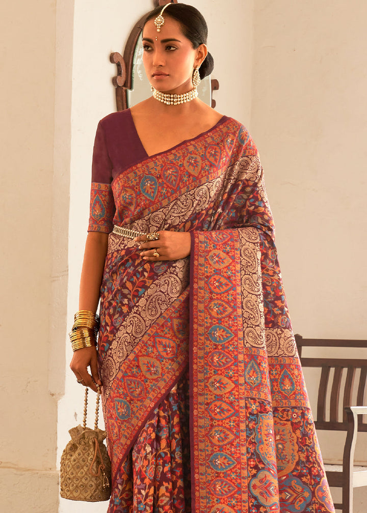 Syrup Brown Banarasi Jamawar Kashmiri Woven Silk Saree