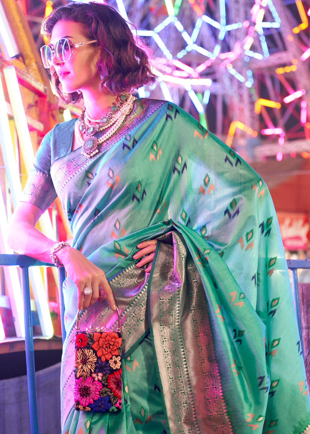 Shades Of Green Handloom Woven Banarasi Sik Saree