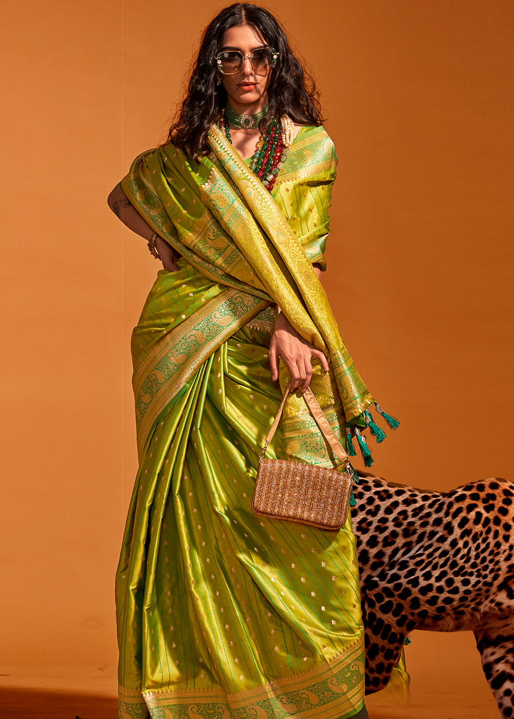 Pear Green Handloom Woven Designer Satin Silk Saree