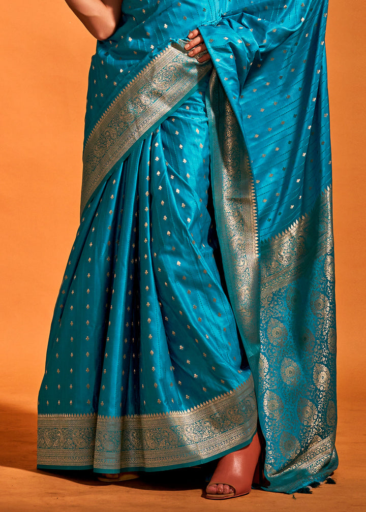 Cerulean Blue Handloom Woven Designer Satin Silk Saree