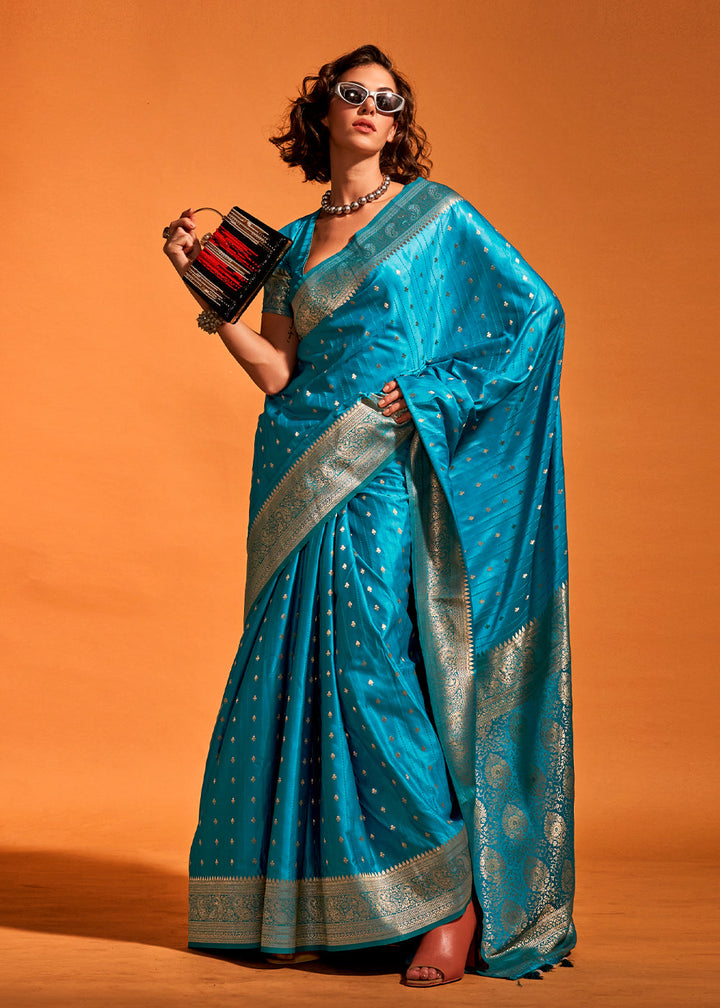 Cerulean Blue Handloom Woven Designer Satin Silk Saree