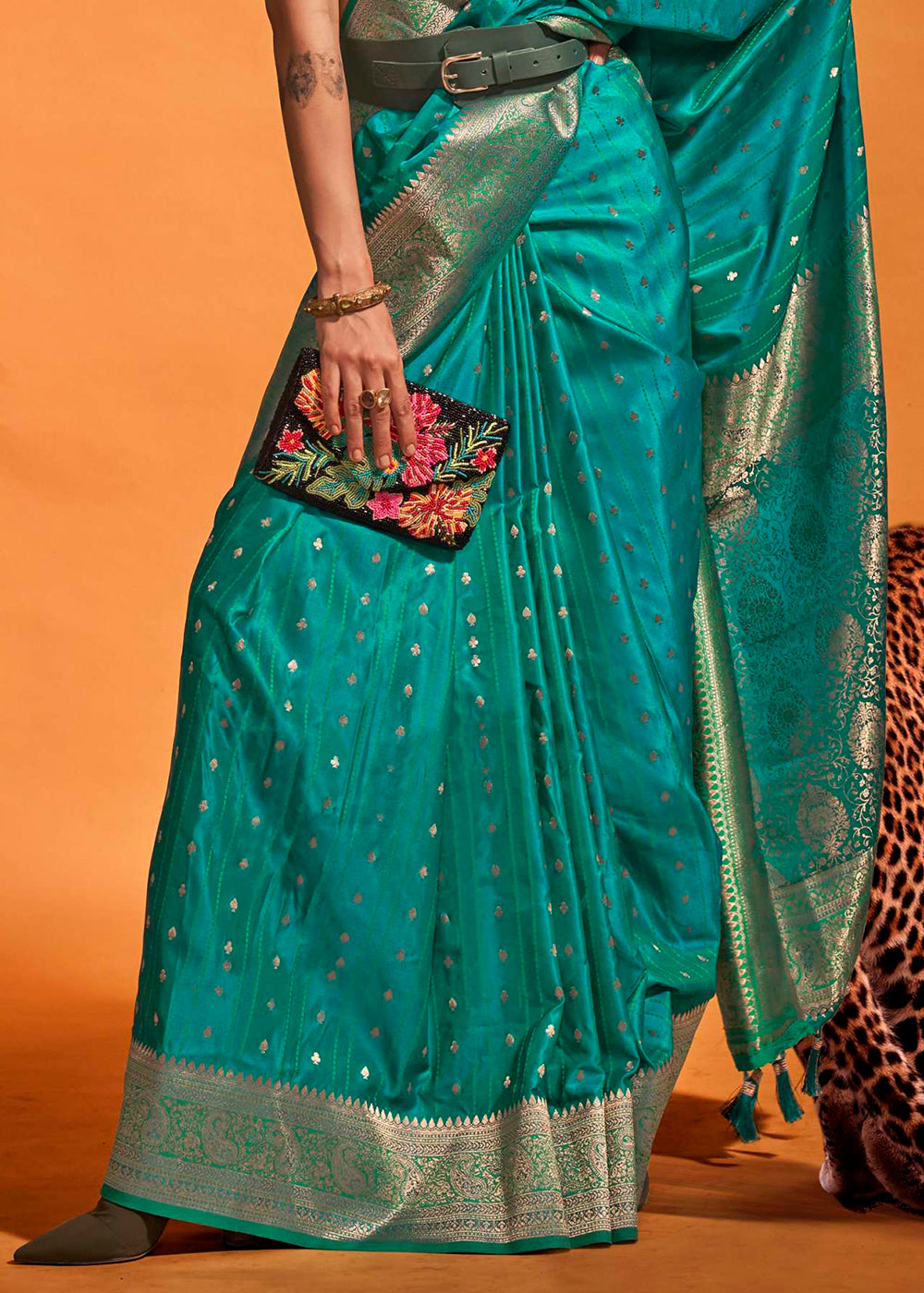 Dark Tiffany Blue Handloom Woven Designer Satin Silk Saree