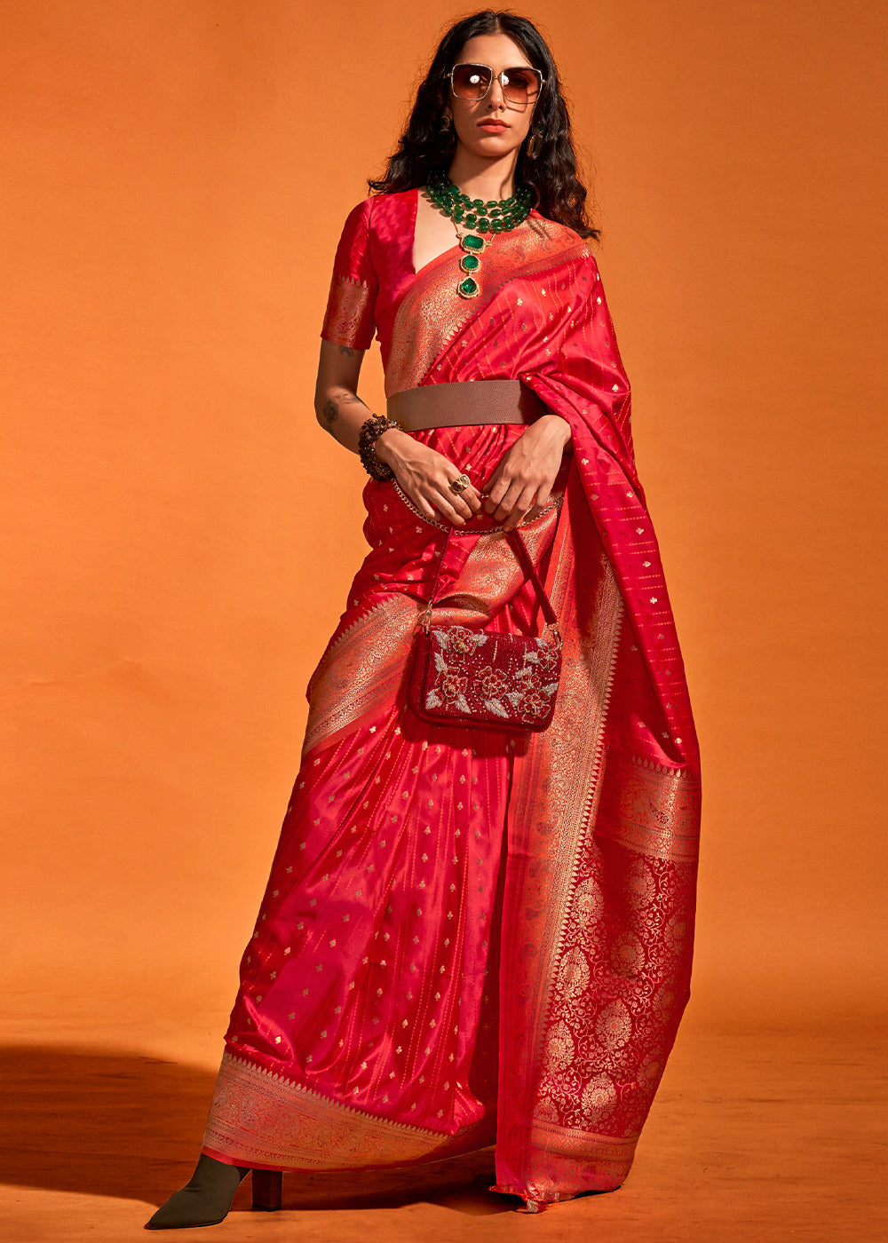 Shades Of Red Handloom Woven Designer Satin Silk Saree