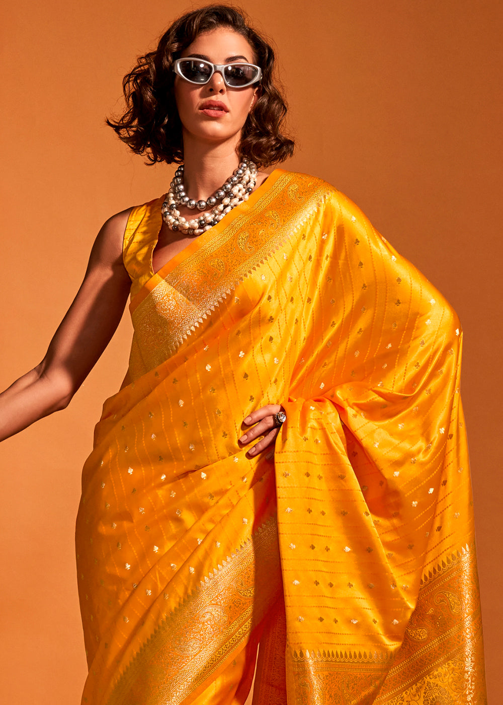 Saffron Yellow Handloom Woven Designer Satin Silk Saree