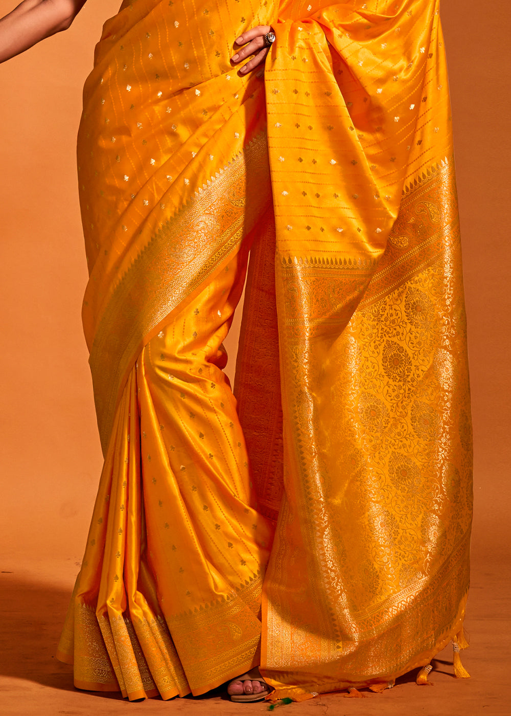 Saffron Yellow Handloom Woven Designer Satin Silk Saree