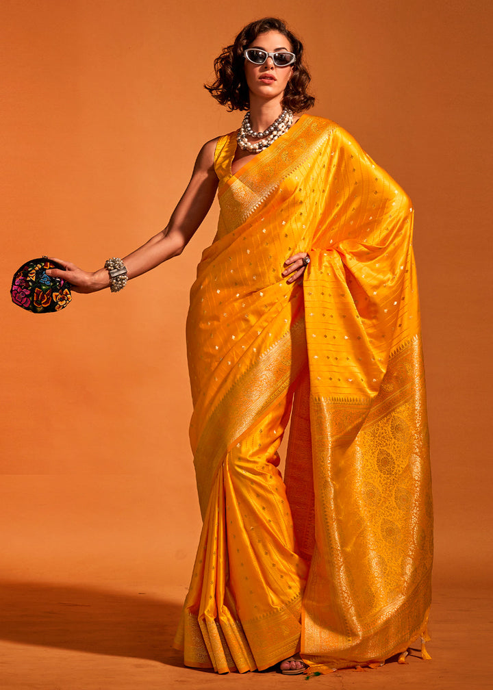 Saffron Yellow Handloom Woven Designer Satin Silk Saree