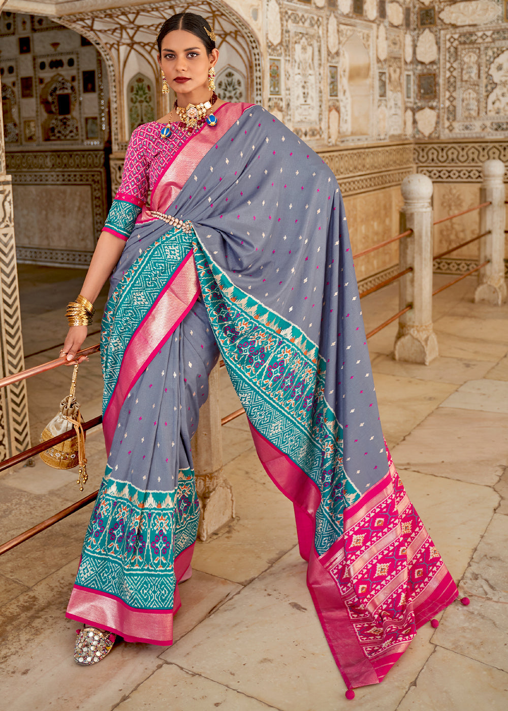 Pewter Grey Patola Printed Soft Cotton Silk Saree with Zari Border