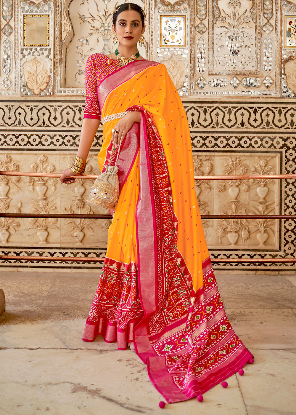 Saffron Yellow Patola Printed Soft Cotton Silk Saree with Zari Border