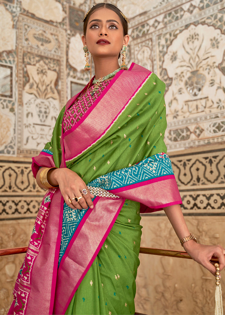 Pear Green Patola Printed Soft Cotton Silk Saree with Zari Border