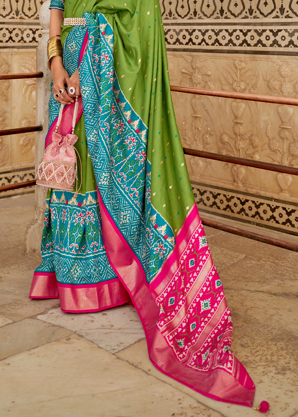 Pear Green Patola Printed Soft Cotton Silk Saree with Zari Border