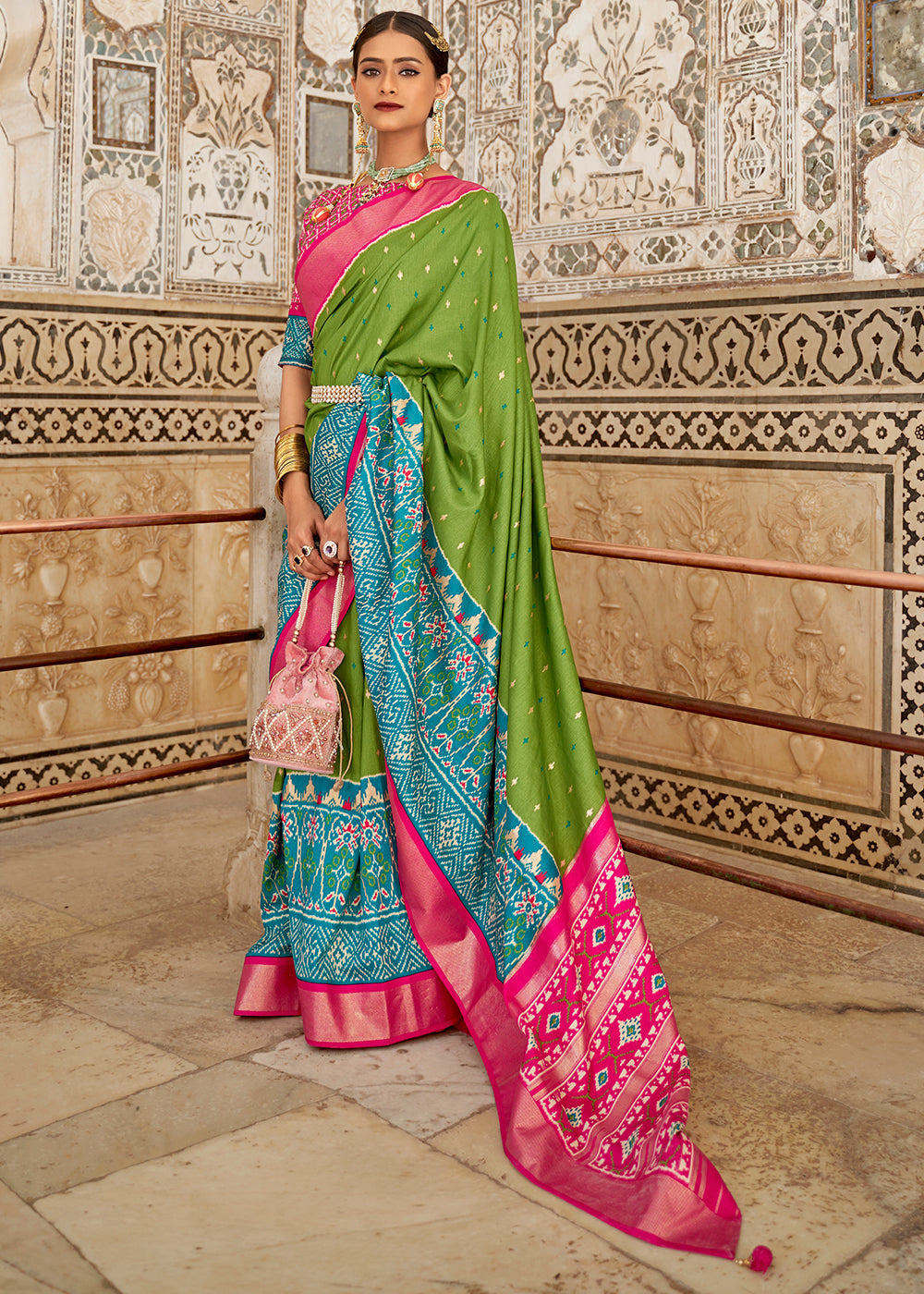 Pear Green Patola Printed Soft Cotton Silk Saree with Zari Border