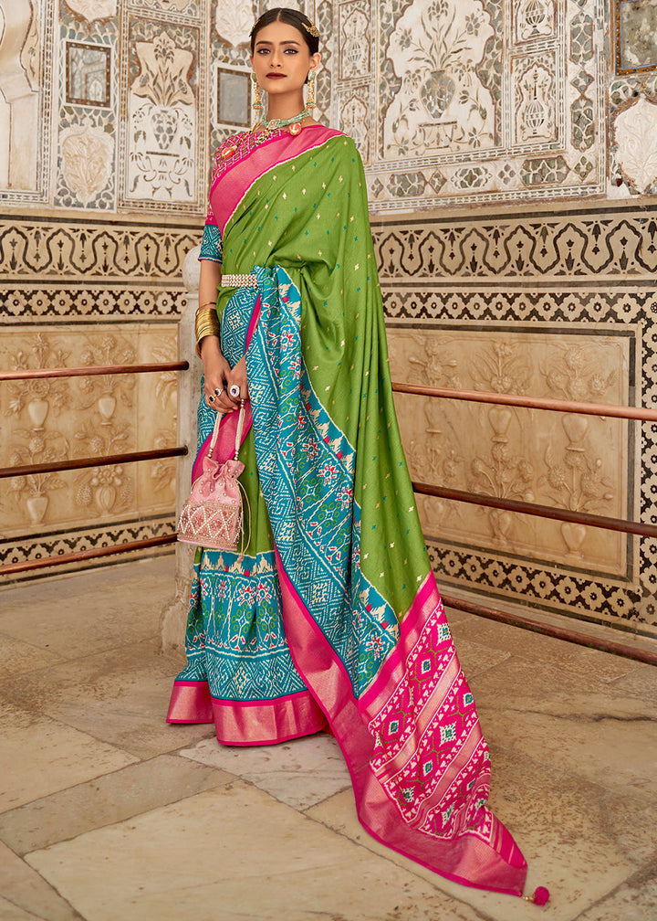 Pear Green Patola Printed Soft Cotton Silk Saree with Zari Border