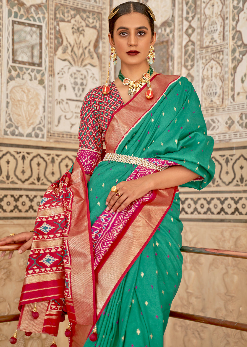 Paris Green Patola Printed Soft Cotton Silk Saree with Zari Border