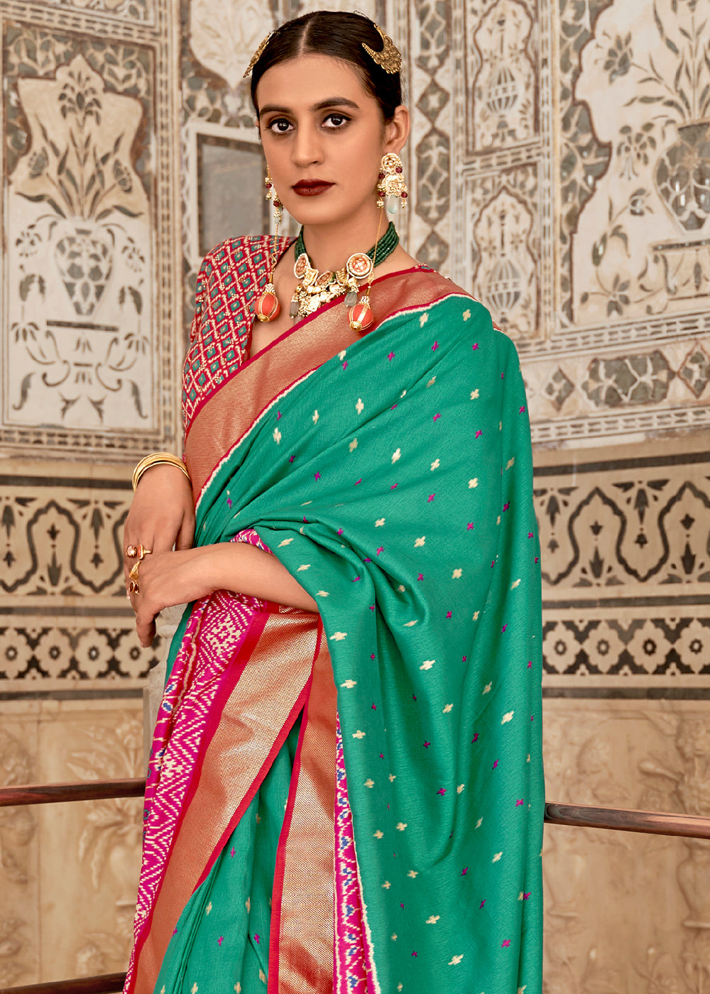 Paris Green Patola Printed Soft Cotton Silk Saree with Zari Border