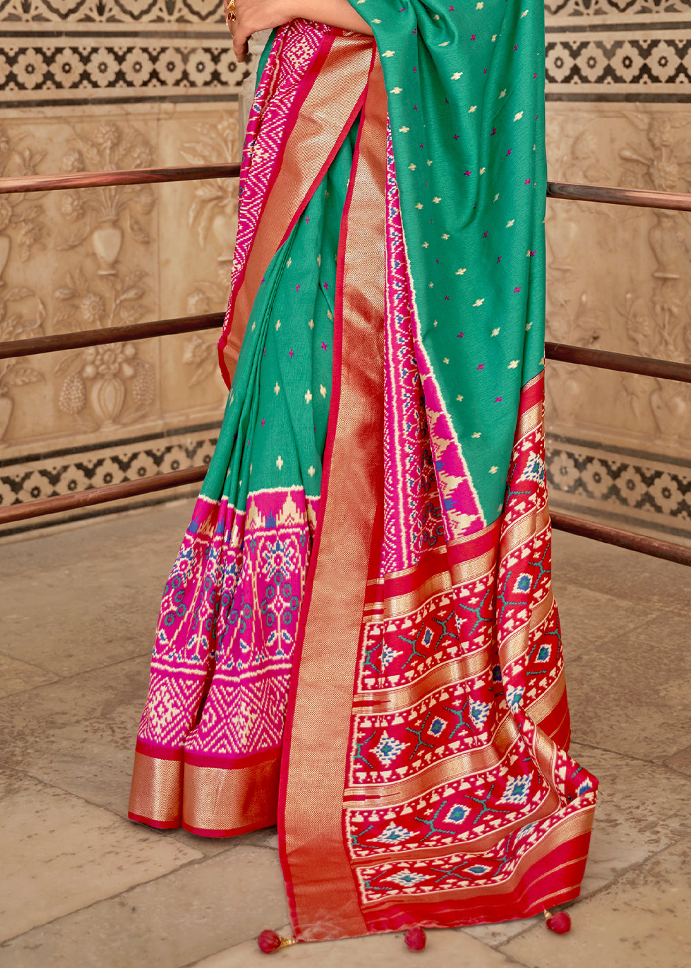 Paris Green Patola Printed Soft Cotton Silk Saree with Zari Border