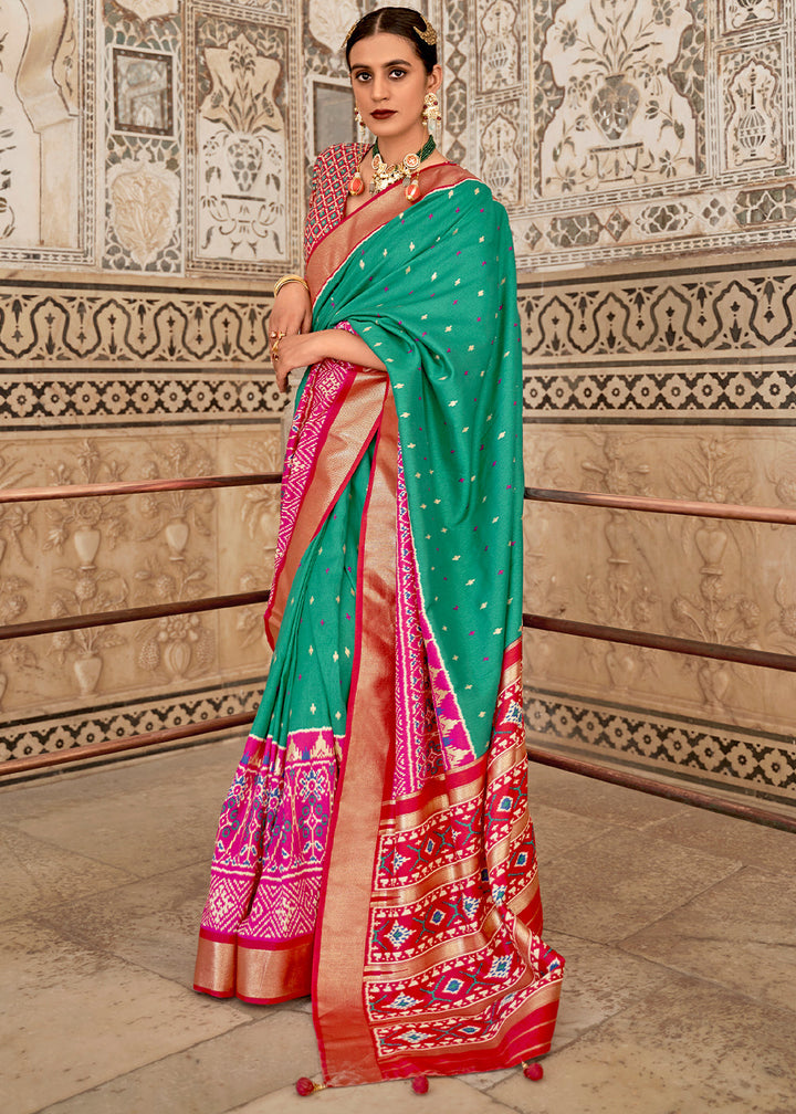 Paris Green Patola Printed Soft Cotton Silk Saree with Zari Border