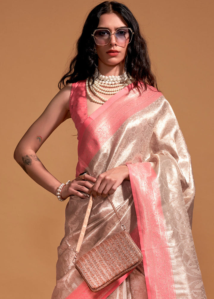 Pink & Brown Handloom Woven Kanjivaram Silk Saree