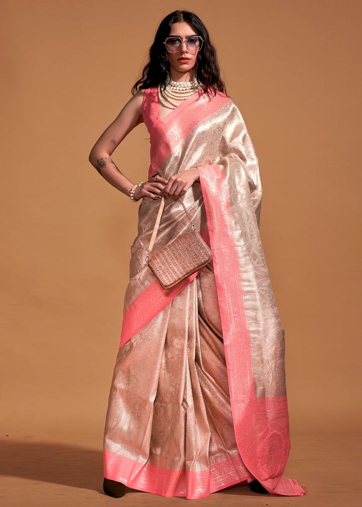 Pink & Brown Handloom Woven Kanjivaram Silk Saree