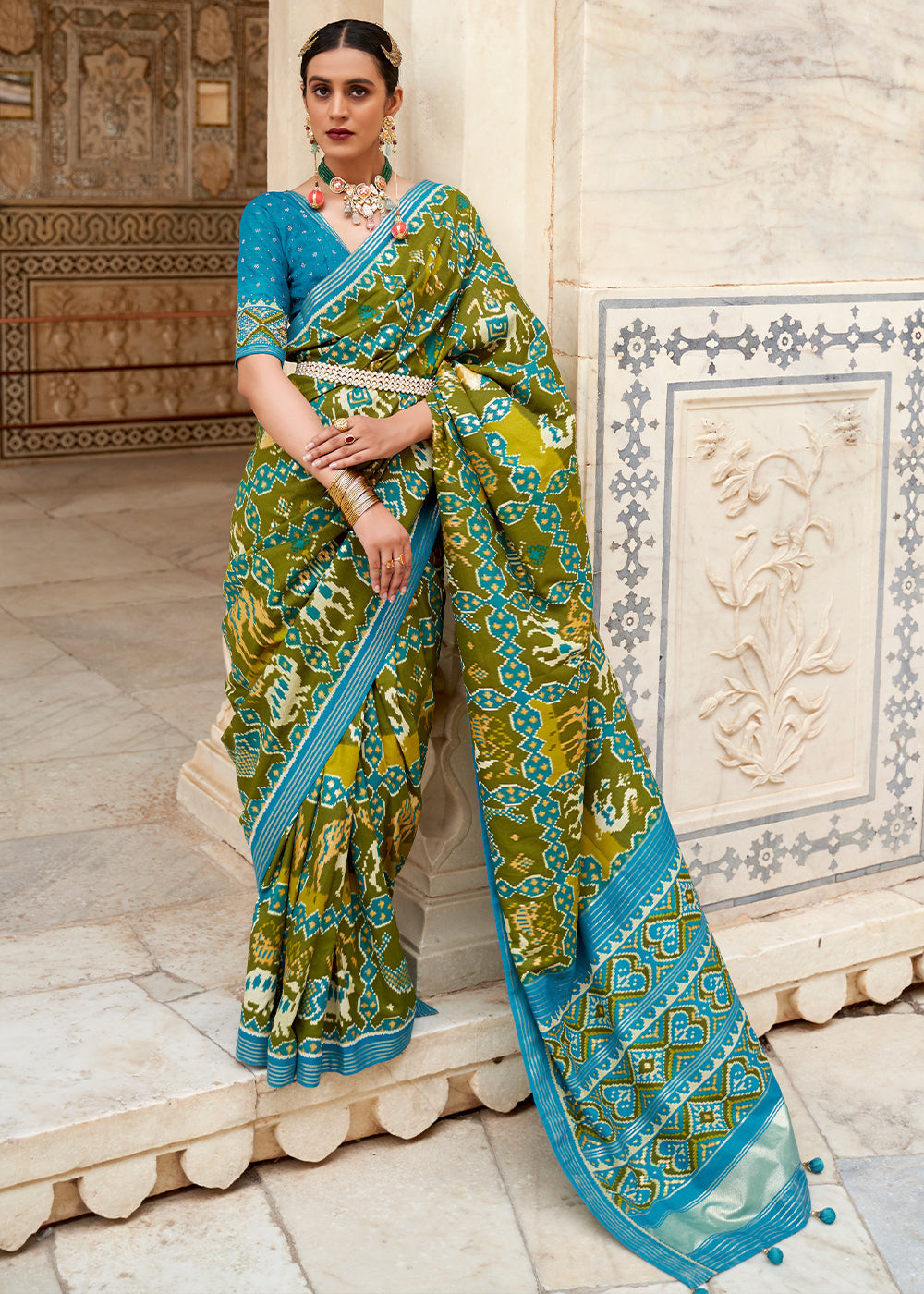 Olive Green Patola Printed Soft Cotton Silk Saree with Zari Border