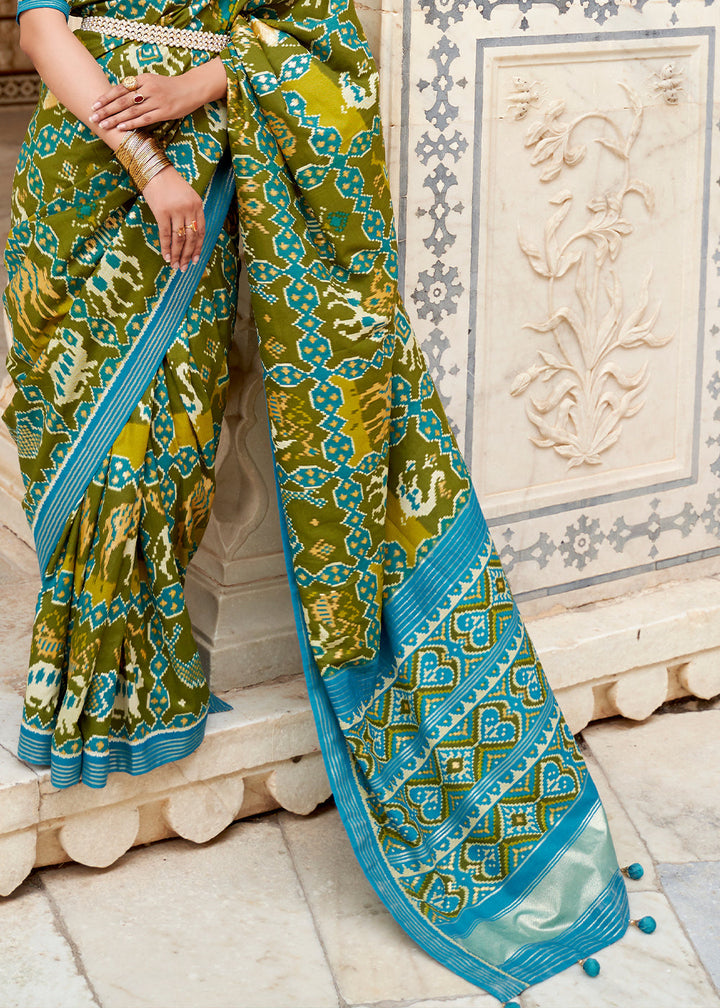 Olive Green Patola Printed Soft Cotton Silk Saree with Zari Border