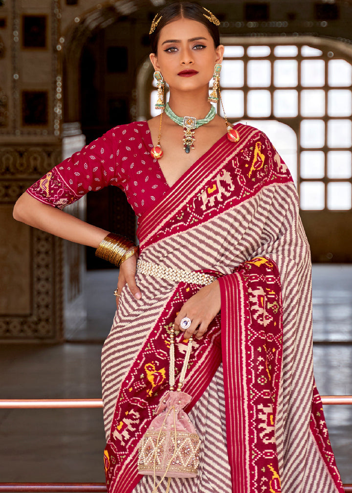 White & Pink Patola Printed Soft Cotton Silk Saree with Zari Border