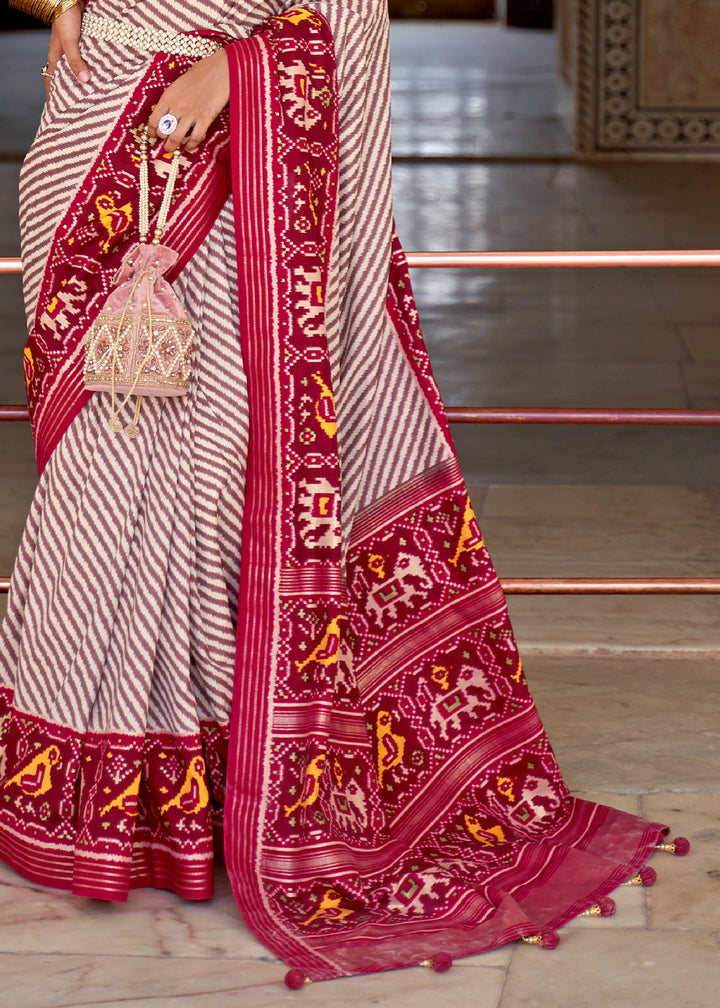 White & Pink Patola Printed Soft Cotton Silk Saree with Zari Border