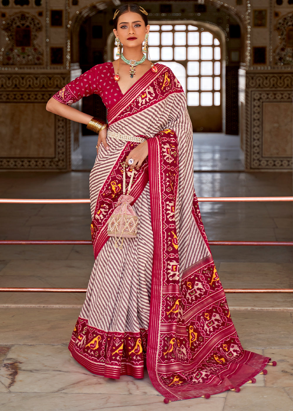 White & Pink Patola Printed Soft Cotton Silk Saree with Zari Border