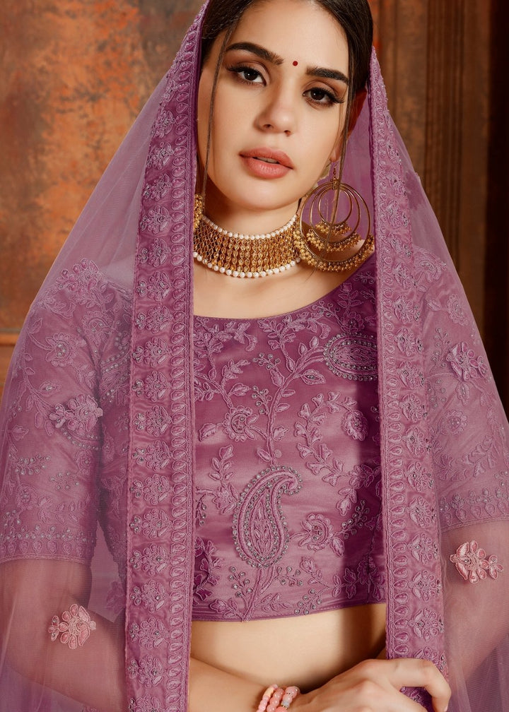 Mauve Purple Soft Net Lehenga Choli with Thread, Zarkan & Pearl work