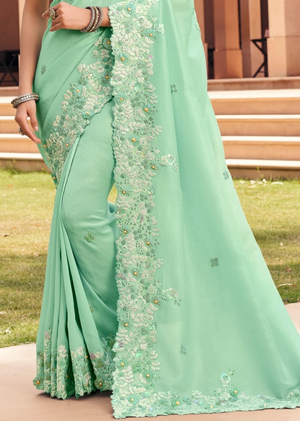 Spring Green Designer Satin Georgette Saree with Embroidery work