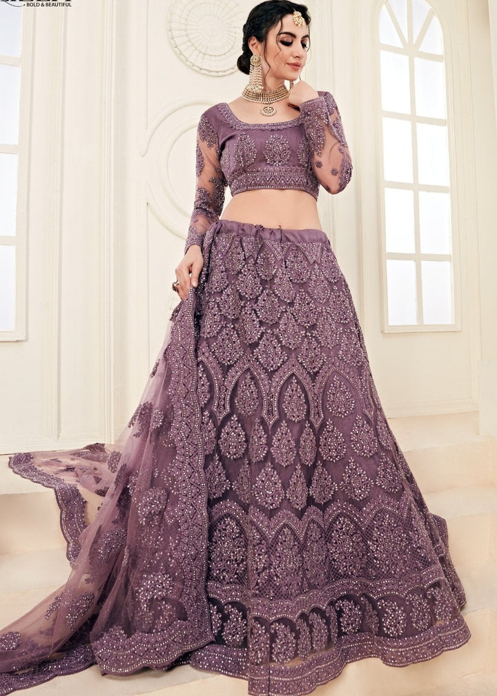 Rain Purple Soft Net Lehenga Choli with Cording Embroidery & Stonework