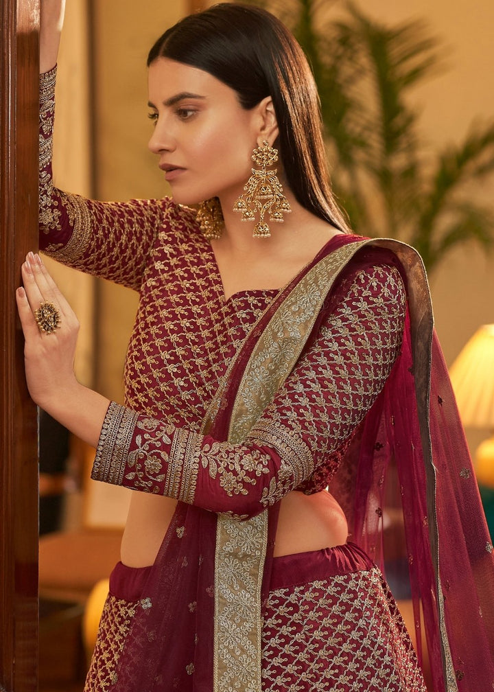 Maroon Red Crepe Lehenga Choli with Dori & Sequins work