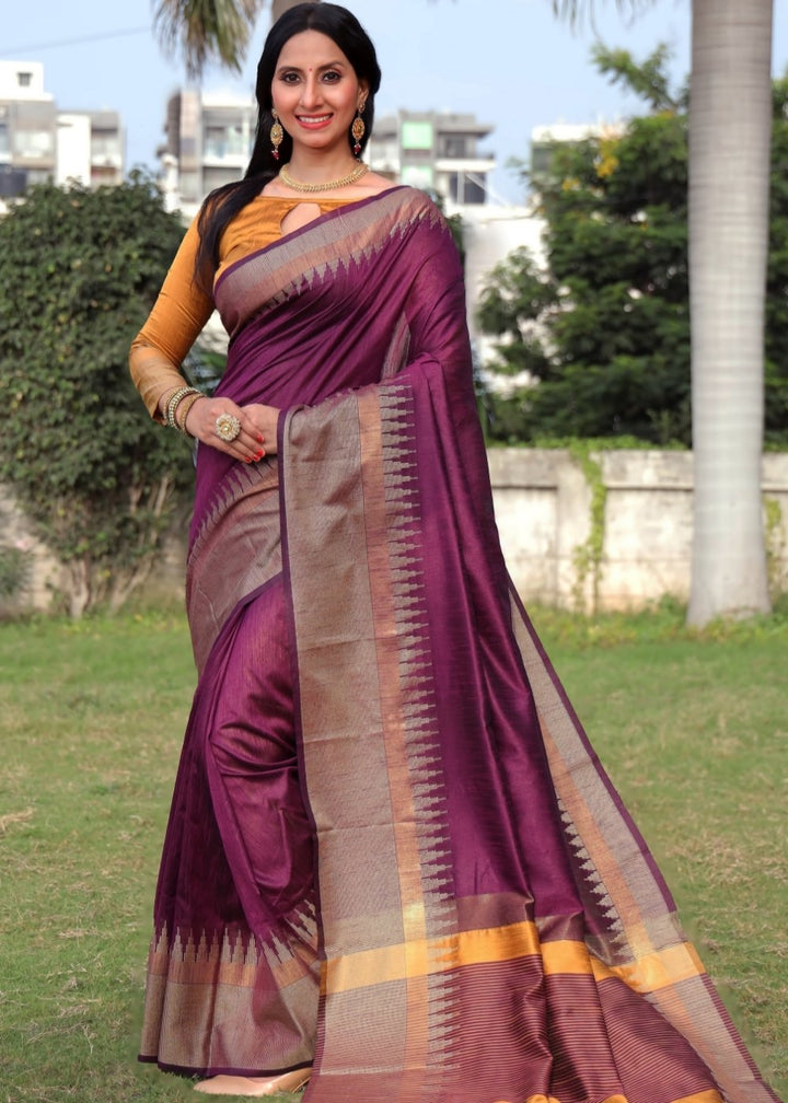 Sangria Purple Art Silk Saree with Temple Border