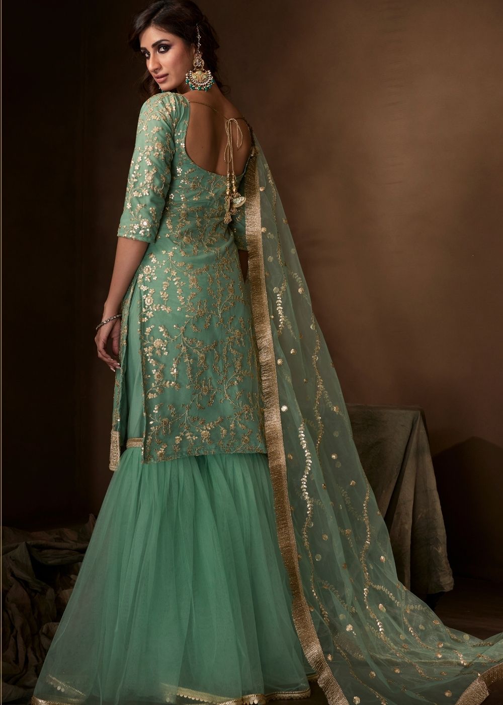 Mint Green Designer Soft Net Sharara Suit with Sequin and Zari work