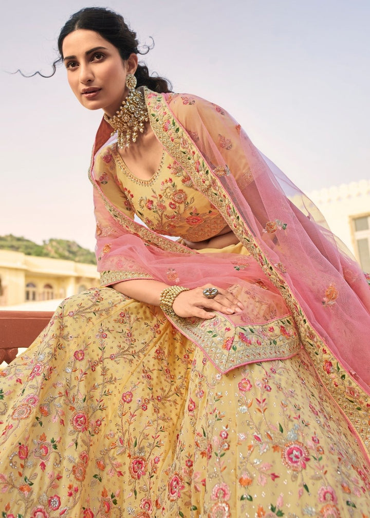 Daffodil Yellow Lehenga Choli with Zari, Dori,  Swarvoski, Thread & Zarkan work