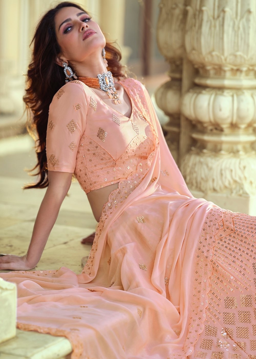 Rose Pink Georgette Lehenga Choli with Sequins & Thread work