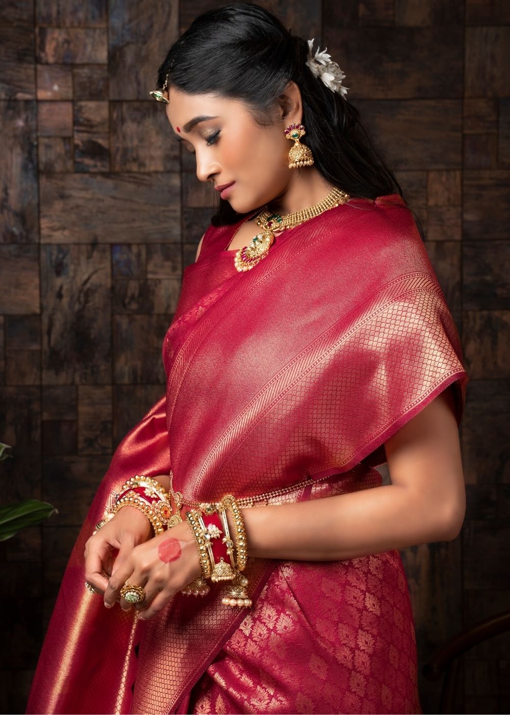 Raspberry Red Woven Kanjivaram Silk Saree