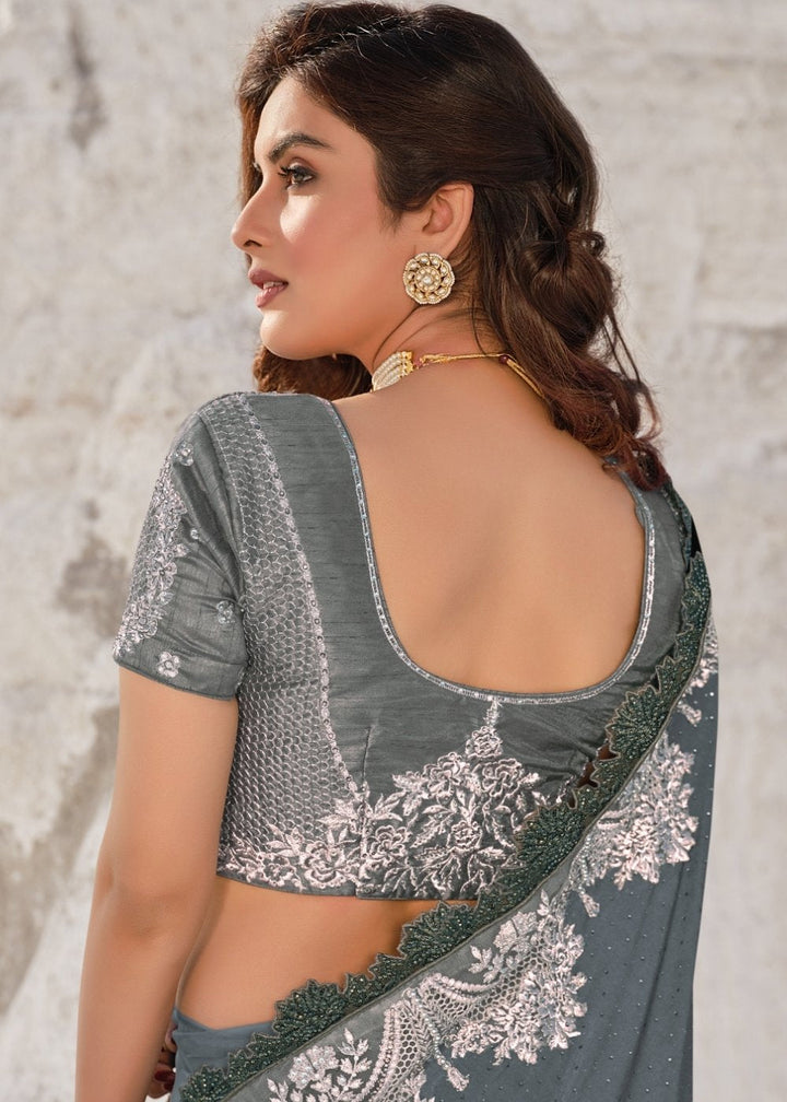 Fiord Grey Designer Net & Imported Fabric Saree with Hand-Made Flower, Jari & Diamond work: Top Pick