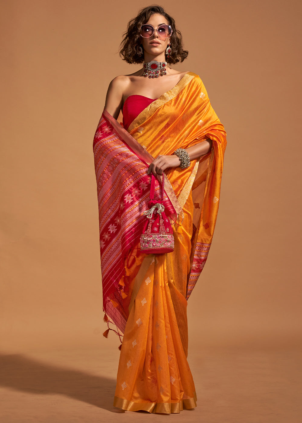 Tangerine Orange Handloom Woven Silk Saree