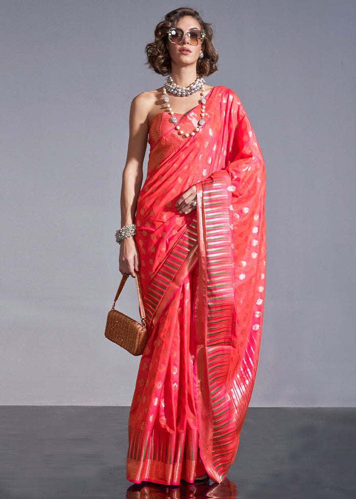 Fiery Rose Pink Handloom Woven Designer Silk Saree with Overall Butti work