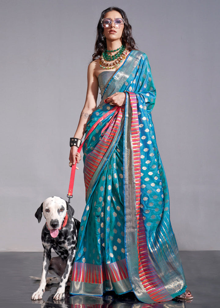 Cerulean Blue Handloom Woven Designer Silk Saree with Overall Butti work