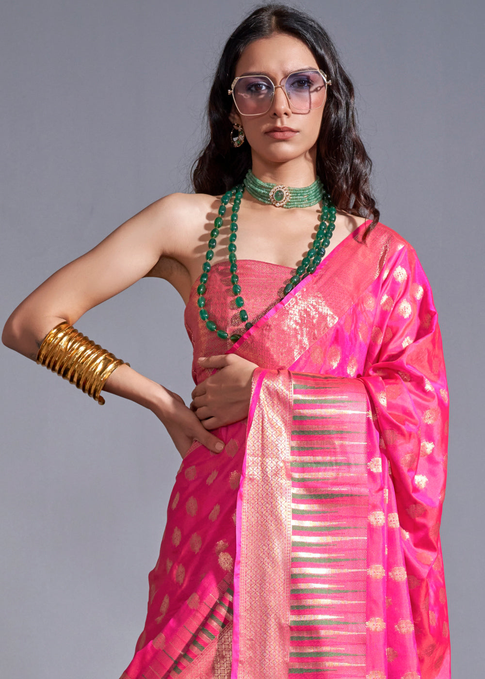 Hot Pink Handloom Woven Designer Silk Saree with Overall Butti work