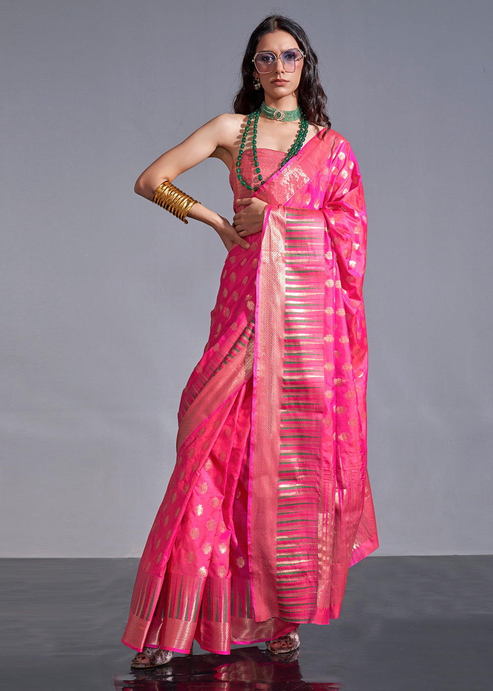 Hot Pink Handloom Woven Designer Silk Saree with Overall Butti work