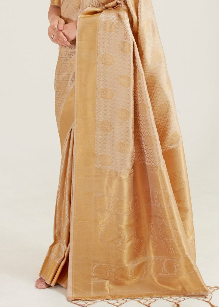 Beige Golden Zari Butta Woven Banasari Silk Saree