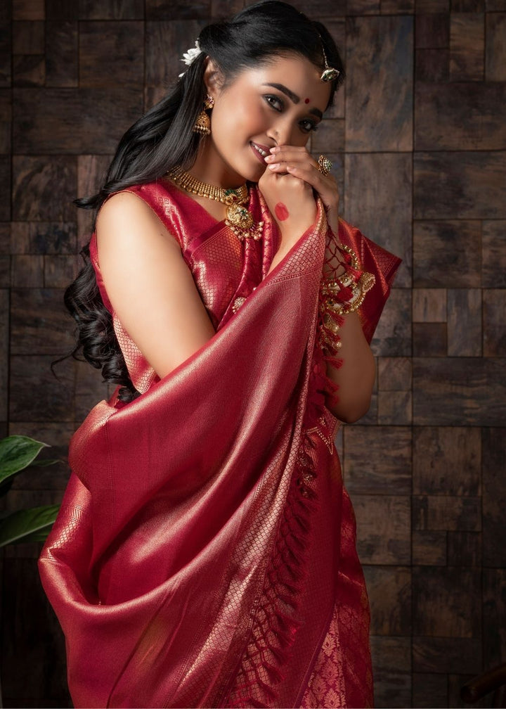 Raspberry Red Woven Kanjivaram Silk Saree