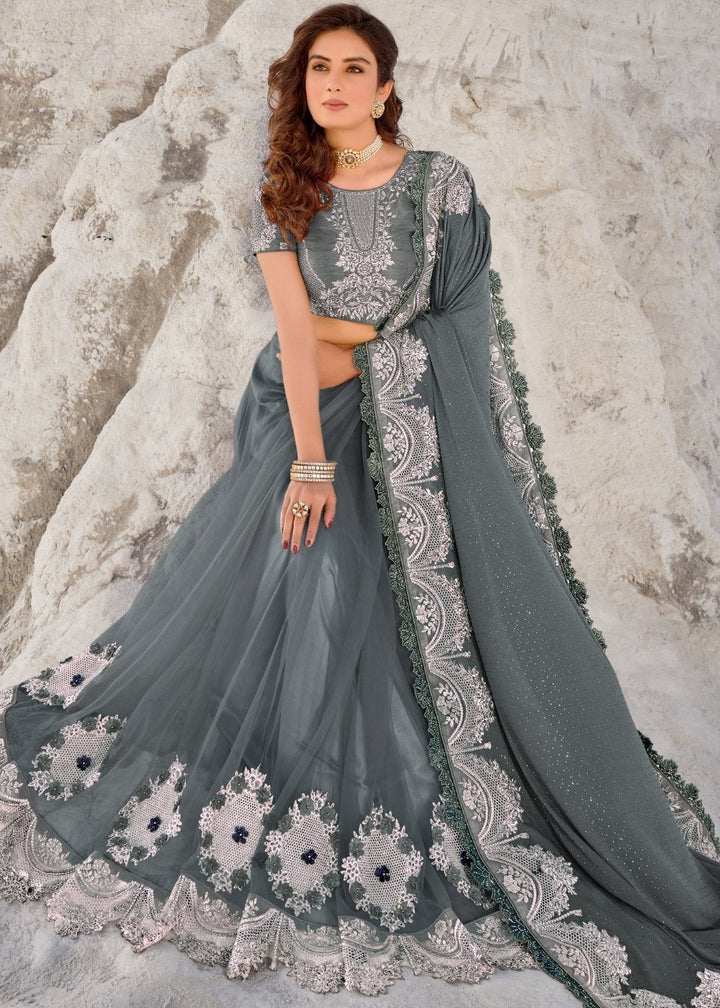 Fiord Grey Designer Net & Imported Fabric Saree with Hand-Made Flower, Jari & Diamond work: Top Pick