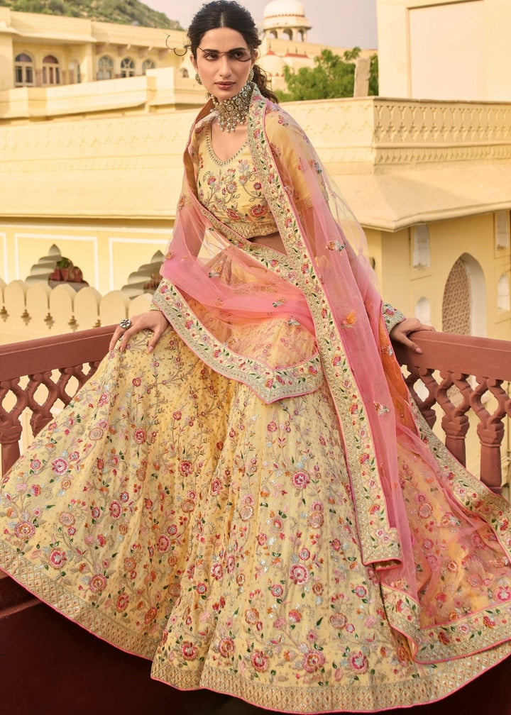 Daffodil Yellow Lehenga Choli with Zari, Dori,  Swarvoski, Thread & Zarkan work