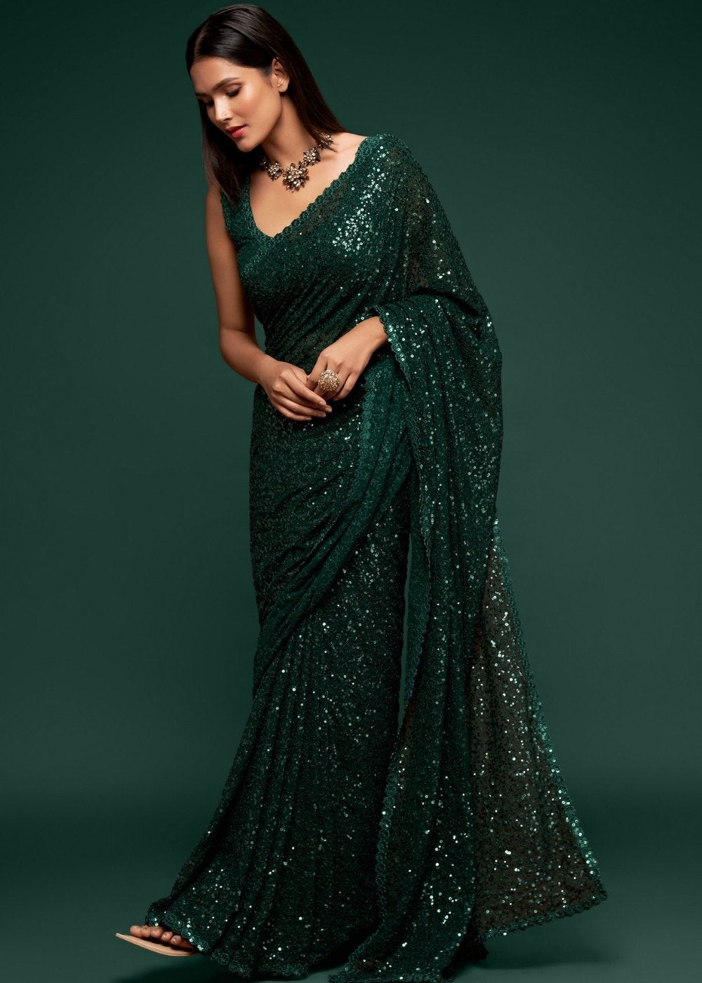 Sacramento Green Sequins & Thread Embroidered Designer Georgette Saree